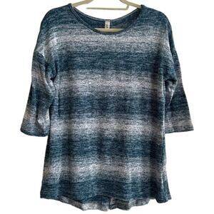 CUBISM‎ Knit Top Womens Small Teal Green White Striped Relaxed Casual